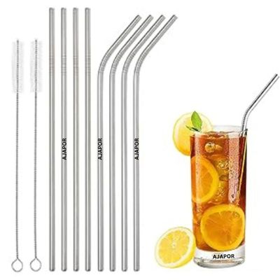 AJAPOR Stainless Steel Straws for Kids & Adults with Cleaning Brush, Reusable Metal Straws, Steel Straws for Drinking Juice and Tender Coconut (4 Bent + 4 Straight + 2 Brushes) 10 Pieces