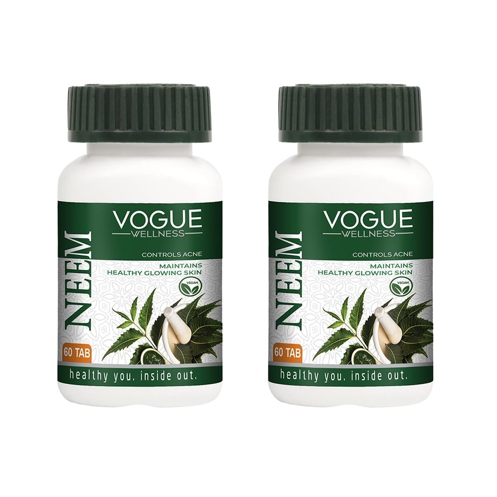 Vogue Wellness Neem Tablets | Improves Skin Health | Supports Detoxification | Healthy & Safe | 60 Tabs () (Pack Of - 2)