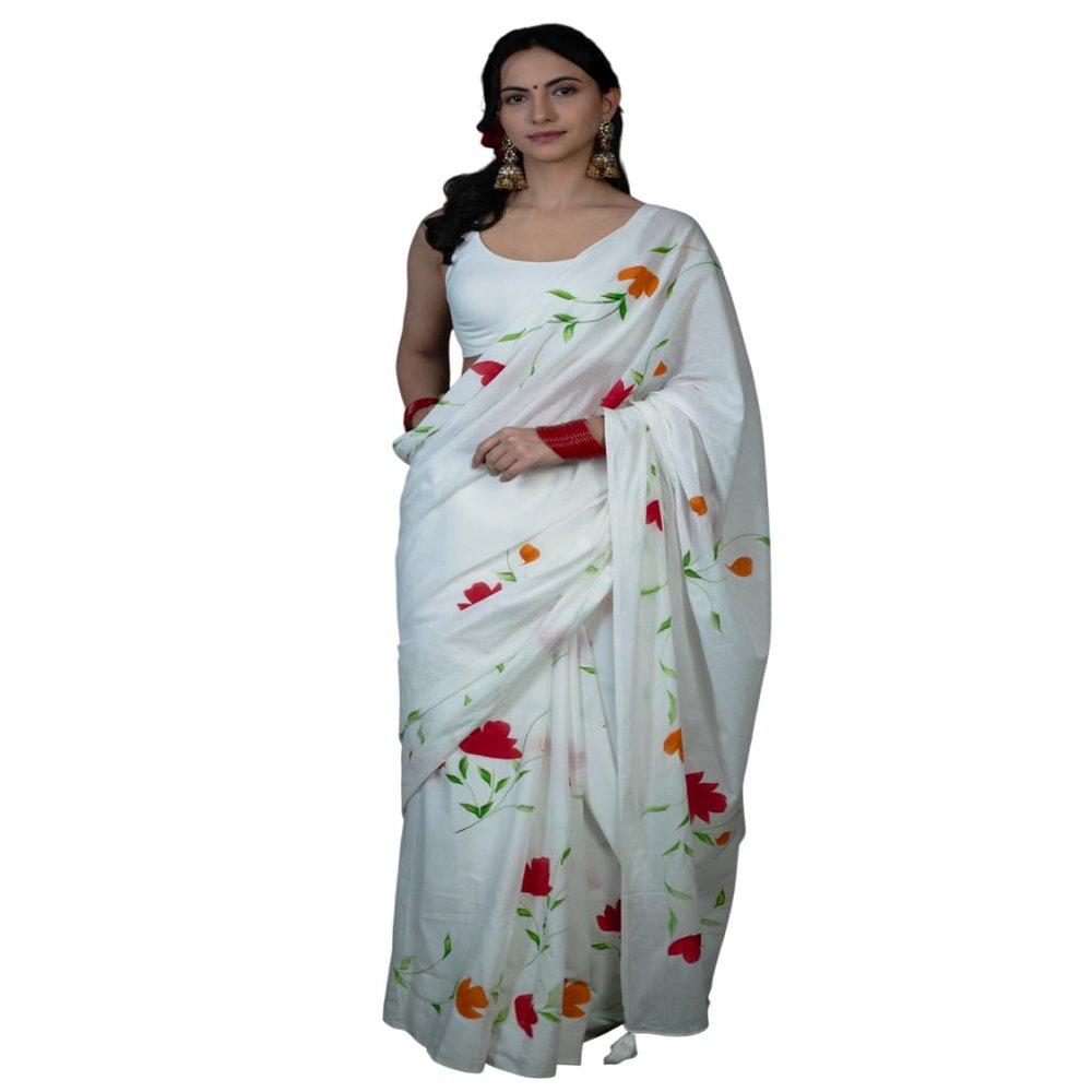 Humnafs Handpainted Cotton Mulmul Saree with Brush-Painted Colorful Flowers