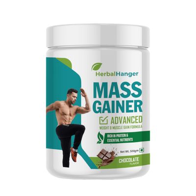 Herbal Hanger Mass Gainer, Advanced Weight & Muscle Formula, 40g Protein, 1053 Calories, Chocolate Flavour, 500g
