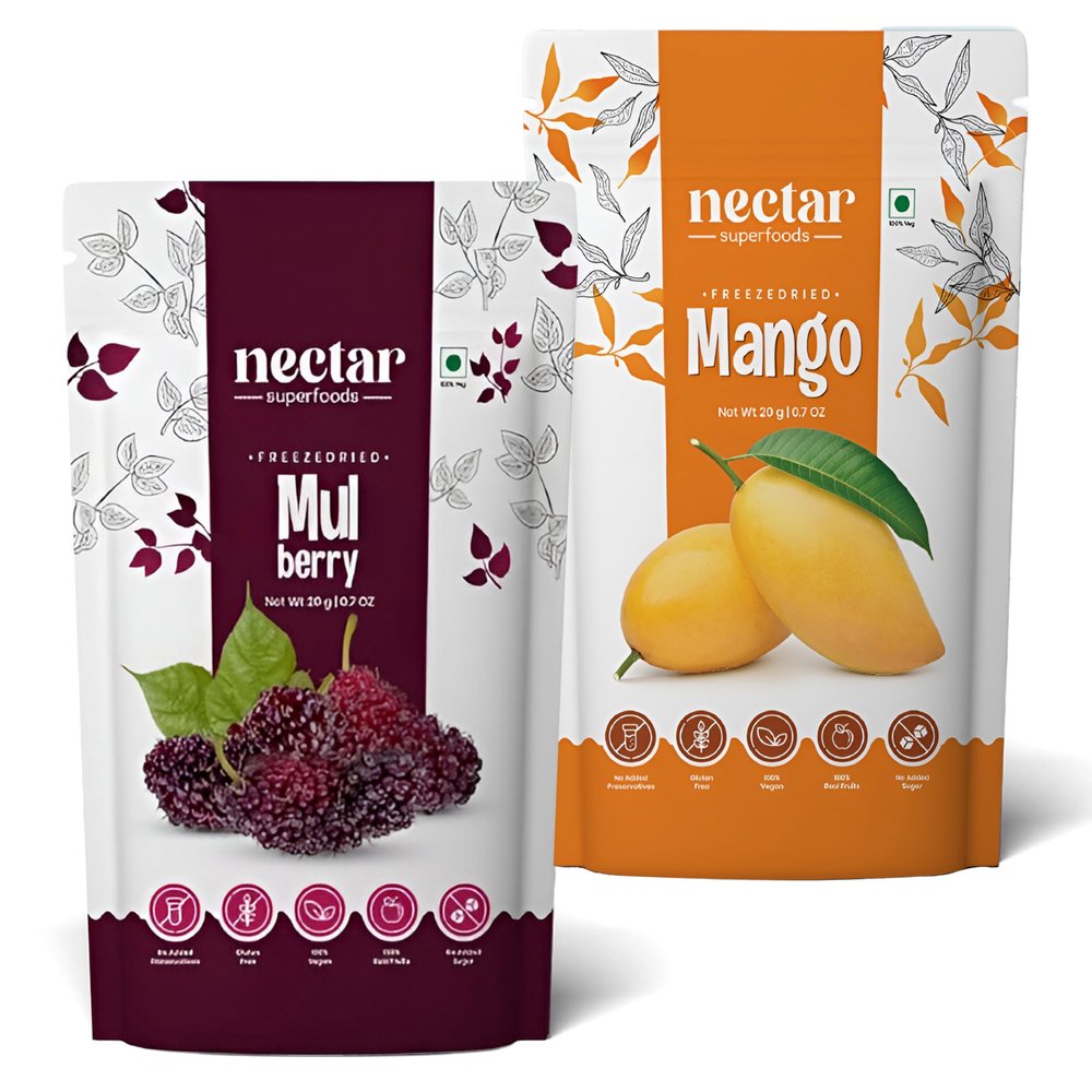 Nectar Superfoods Freeze-Dried Mulberry & Mango Combo | 100% Natural Fruit Snack | No Added Sugar or Preservatives | Healthy Vegan & Gluten-Free Snack for Kids & Adults | 40g Pack