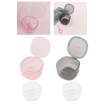 ELBME Denture Bath Box Organizer Cleaner Case with Hanging Net for Retainer Travel Transparent Pink
