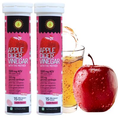 ACV Apple Cider Vinegar 1500mg Effervescent Tablet With Garcinia extract, Green Tea, Fenugreek, Cinnamon, Vitamin C, B12 & B6, No Sugar Pack Of 2