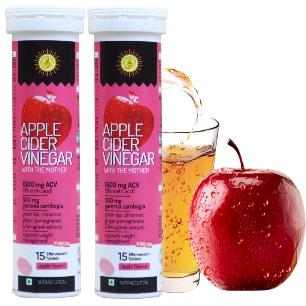 ACV Apple Cider Vinegar 1500mg Effervescent Tablet With Garcinia extract, Green Tea, Fenugreek, Cinnamon, Vitamin C, B12 & B6, No Sugar Pack Of 2
