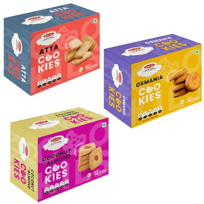 Balasa Cookie Biscuits Combo Pack | Cookie & Biscuit Pack Combo | Tea Time Snack | Healthy & Tasty | Ideal for Gifting (Pack of 3 x 180g, Atta Cookies, Osmania Cookies, Coconut with Almond)