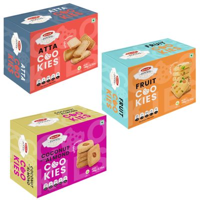 Balasa Cookie Biscuits Combo Pack | Cookie & Biscuit Pack Combo | Tea Time Snack | Healthy & Tasty | Ideal for Gifting (Pack of 3 x 180g, Atta Cookies, Fruit Cookies, Coconut with Almond)