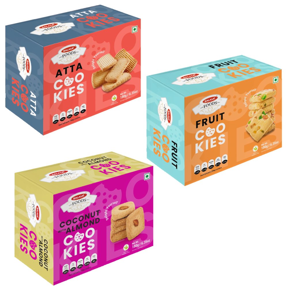 Balasa Cookie Biscuits Combo Pack | Cookie & Biscuit Pack Combo | Tea Time Snack | Healthy & Tasty | Ideal for Gifting (Pack of 3 x 180g, Atta Cookies, Fruit Cookies, Coconut with Almond)