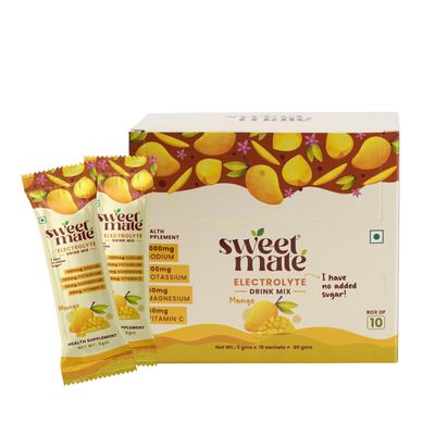 Sweetmate Sugar Free Mango Electrolyte Drink Mix Sweetened With Stevia - 5g (10 Sachet) No Preservatives and Chemicals| Offers 10x more Electrolyte | Keto Friendly, Vegan