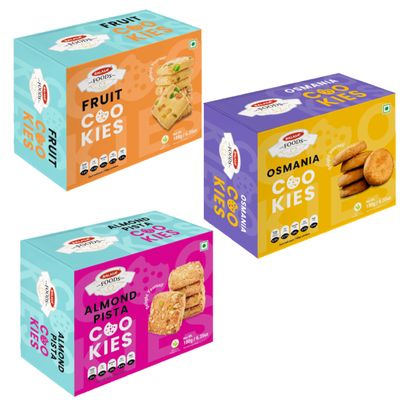 Balasa Cookie Biscuits Combo Pack | Cookie & Biscuit Pack Combo | Tea Time Snack | Healthy & Tasty | Ideal for Gifting (Pack of 3 x 180g, Fruit Cookies, Almond Pista Cookies, Osmania Cookies)