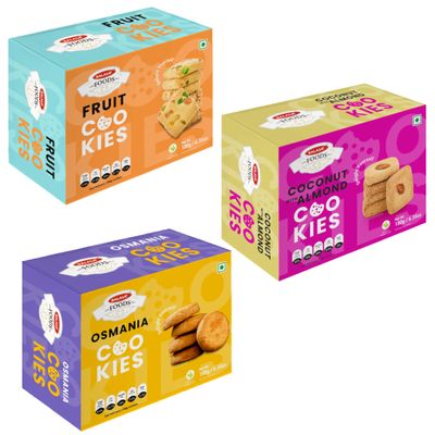 Balasa Cookie Biscuits Combo Pack | Cookie & Biscuit Pack Combo | Tea Time Snack | Healthy & Tasty | Ideal for Gifting (Pack of 3 x 180g, Fruit Cookies, Osmania Cookies, Coconut with Almond)
