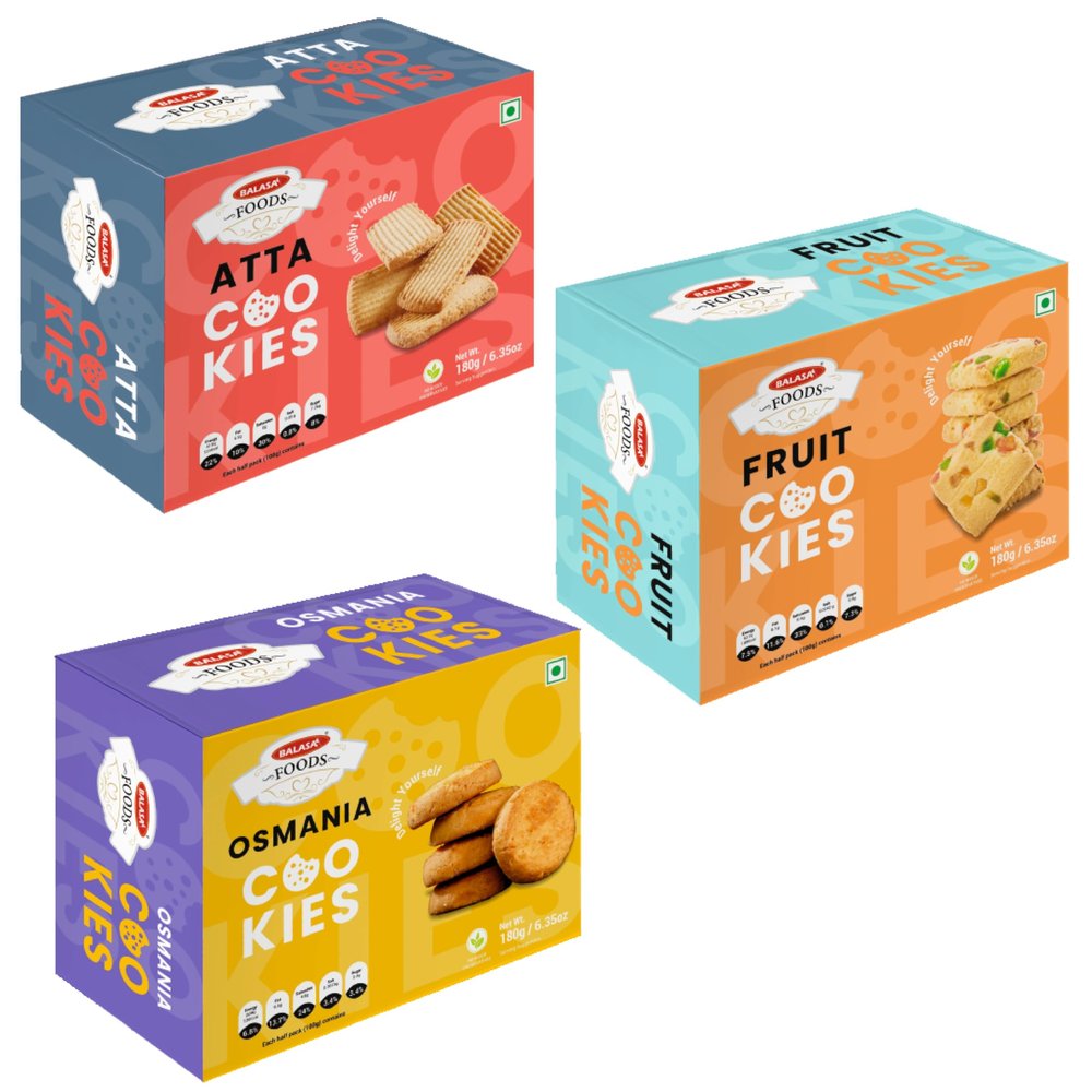 Balasa Cookie Biscuits Combo Pack | Cookie & Biscuit Pack Combo | Tea Time Snack | Healthy & Tasty | Ideal for Gifting (Pack of 3 x 180g, Atta Cookies, Fruit Cookies, Osmania Cookies)