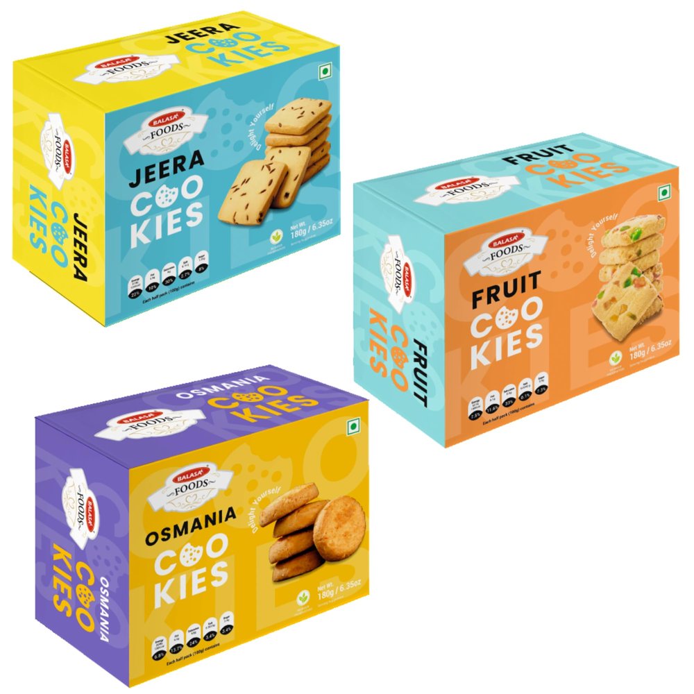 Balasa Cookie Biscuits Combo Pack | Cookie & Biscuit Pack Combo | Tea Time Snack | Healthy & Tasty | Ideal for Gifting (Pack of 3 x 180g, Jeera Cookies, Fruit Cookies, Osmania Cookies)
