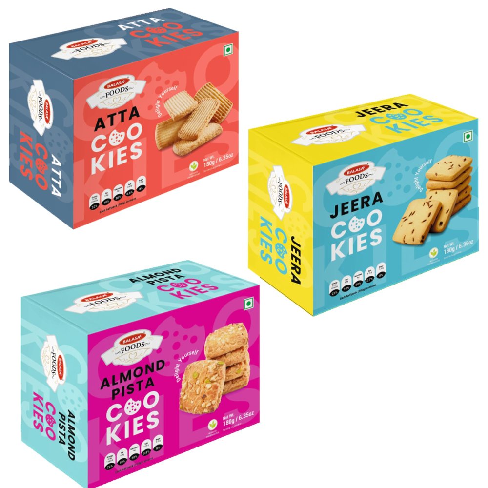 Balasa Cookie Biscuits Combo Pack | Cookie & Biscuit Pack Combo | Tea Time Snack | Healthy & Tasty | Ideal for Gifting (Pack of 3 x 180g, Atta Cookies, Jeera Cookies, Almond Pista Cookies)