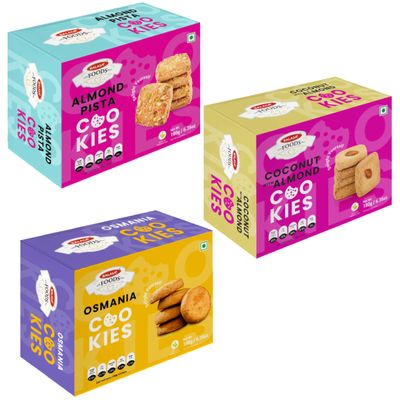 Balasa Cookie Biscuits Combo Pack | Cookie & Biscuit Pack Combo | Tea Time Snack | Healthy & Tasty | Ideal for Gifting (Pack of 3 x 180g, Almond Pista Cookies, Osmania Cookies, Coconut with Almond)