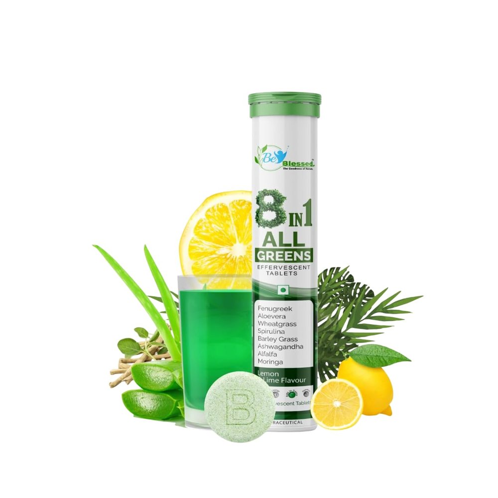 Be Blessed 8IN1 All GREENS (20 Effervescent Tablets) | Wholefood Multivitamins with Vitamin C, Zinc, B6 for Immunity & Detox with Plant Superfoods & Antioxidants - Pack of 1