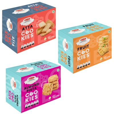 Balasa Cookie Biscuits Combo Pack | Cookie & Biscuit Pack Combo | Tea Time Snack | Healthy & Tasty | Ideal for Gifting (Pack of 3 x 180g, Atta Cookies, Fruit Cookies, Almond Pista Cookies)