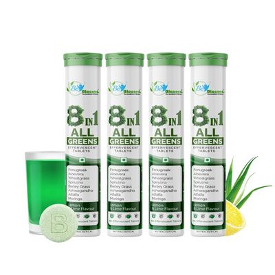 Be Blessed 8IN1 All GREENS (20 Effervescent Tablets) | Wholefood Multivitamins with Vitamin C, Zinc, B6 for Immunity & Detox with Plant Superfoods & Antioxidants - Pack of 4