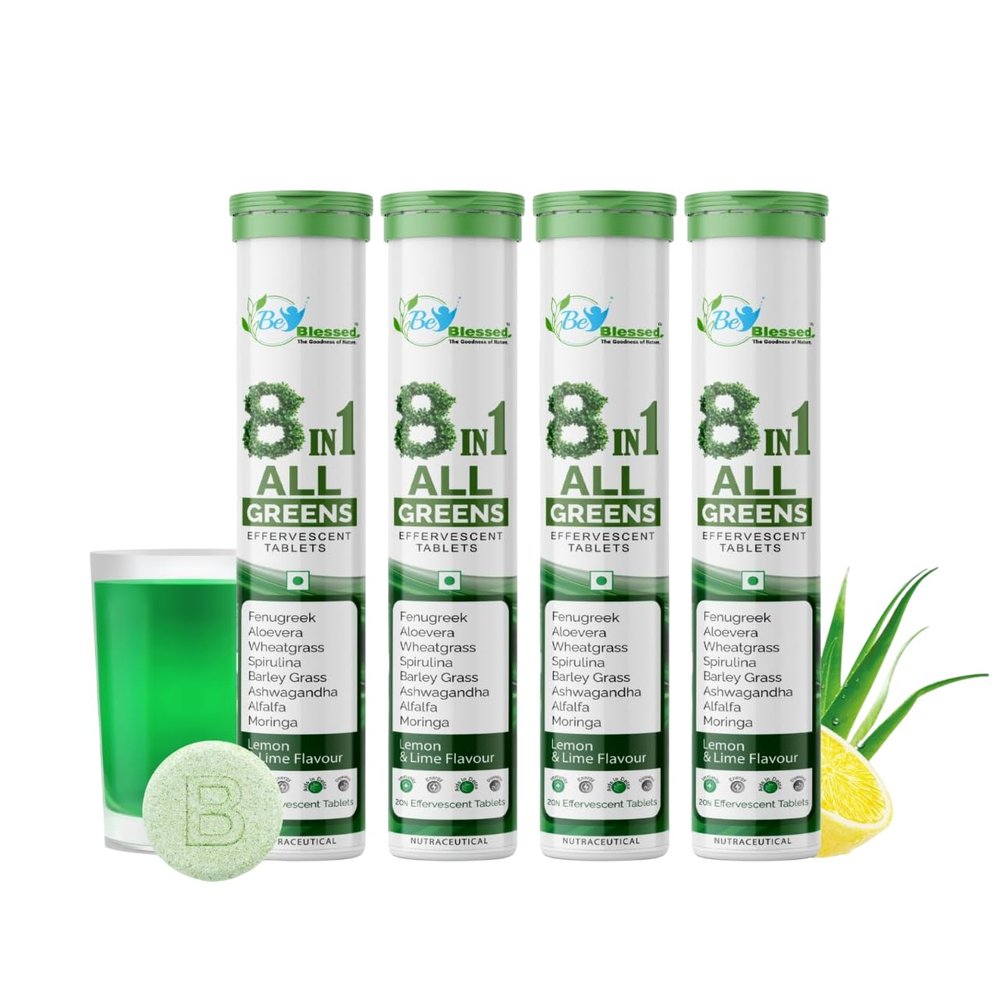 Be Blessed 8IN1 All GREENS (20 Effervescent Tablets) | Wholefood Multivitamins with Vitamin C, Zinc, B6 for Immunity & Detox with Plant Superfoods & Antioxidants - Pack of 4