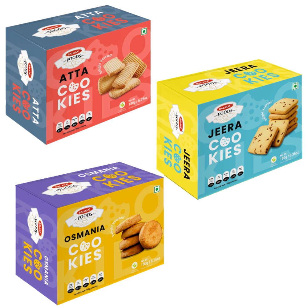 Balasa Cookie Biscuits Combo Pack | Cookie & Biscuit Pack Combo | Tea Time Snack | Healthy & Tasty | Ideal for Gifting (Pack of 3 x 180g, Atta Cookies, Jeera Cookies, Osmania Cookies)