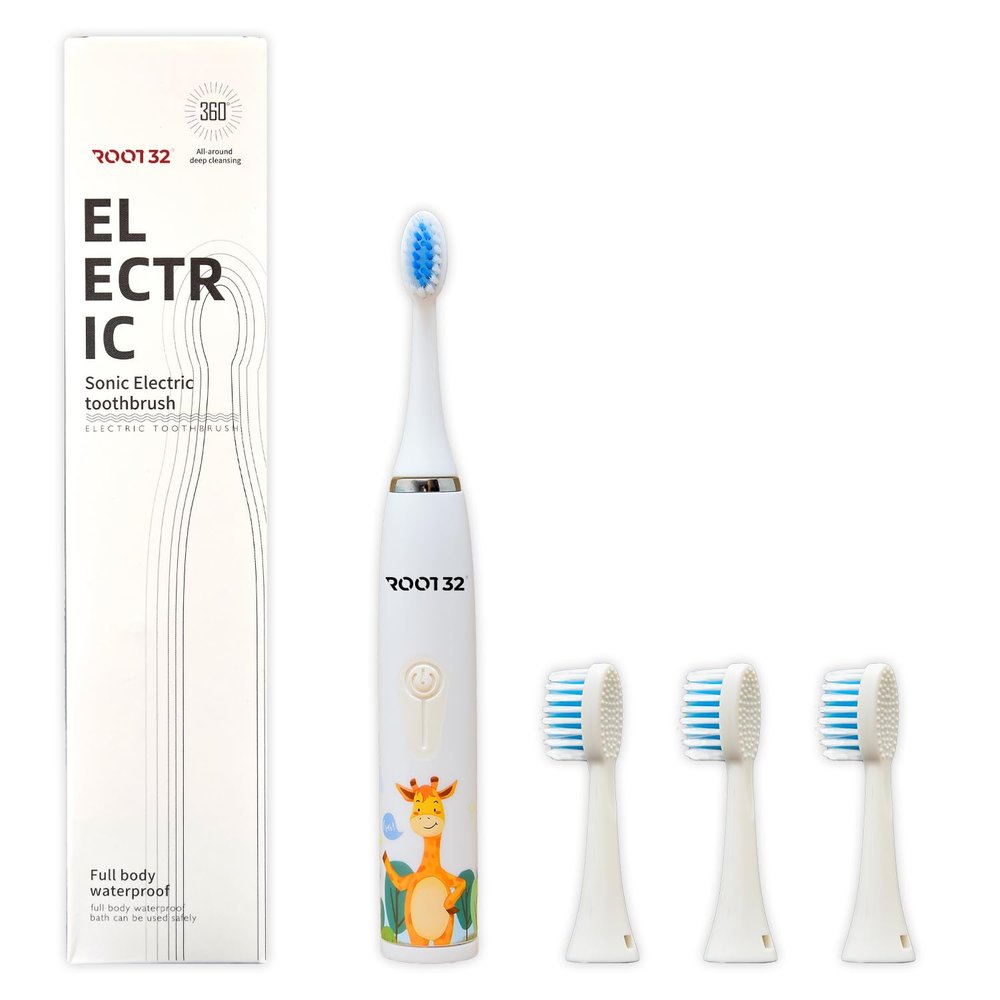 Root32 Kids Electric Sonic Rechargeable Toothbrush, 4 Brushing Modes, 1 Year Warranty, IPX Class 6 Waterproof, Dupont Bristles |360 Deep Cleaning, Waterproof |White