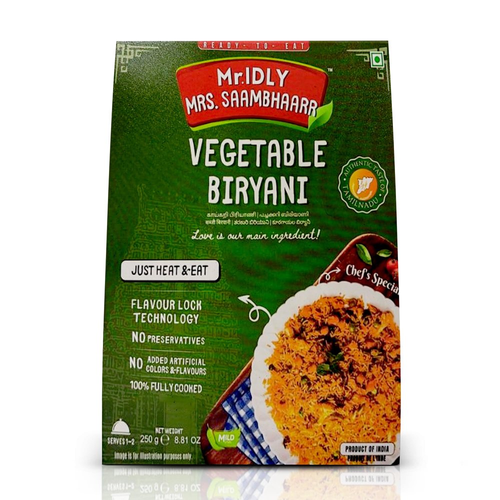 Mr.IDLY MRS. SAAMBHAARR Vegetable Biryani Authentic Tamil Nadu Style Ready-to-Eat Mild Spice 100% Natural Ingredients No Preservatives Heat & Eat Convenience 250g