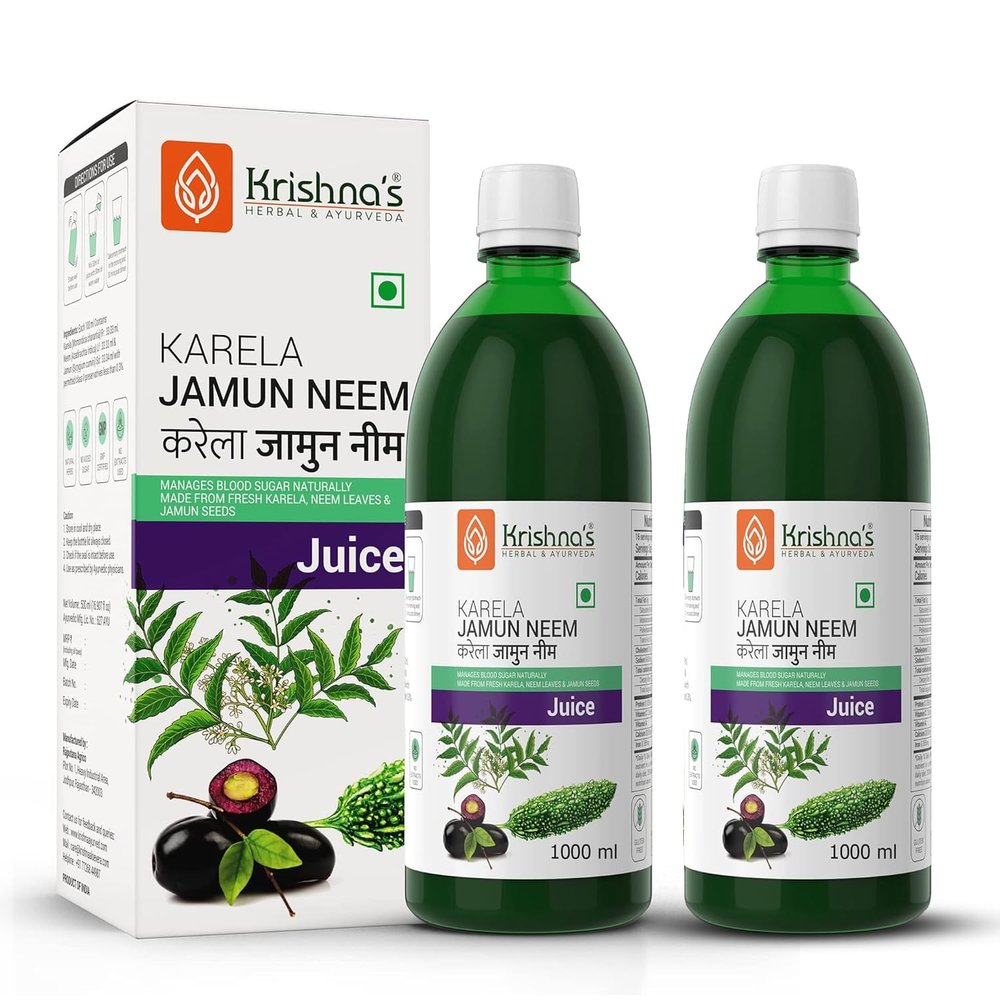 Krishna's Karela Jamun Neem Juice - 1000 ml | Blend Of Fresh Karela, Neem Juice & Jamun Seeds Ayurvedic Solution For Balancing Sugar Levels - (Pack of 2)