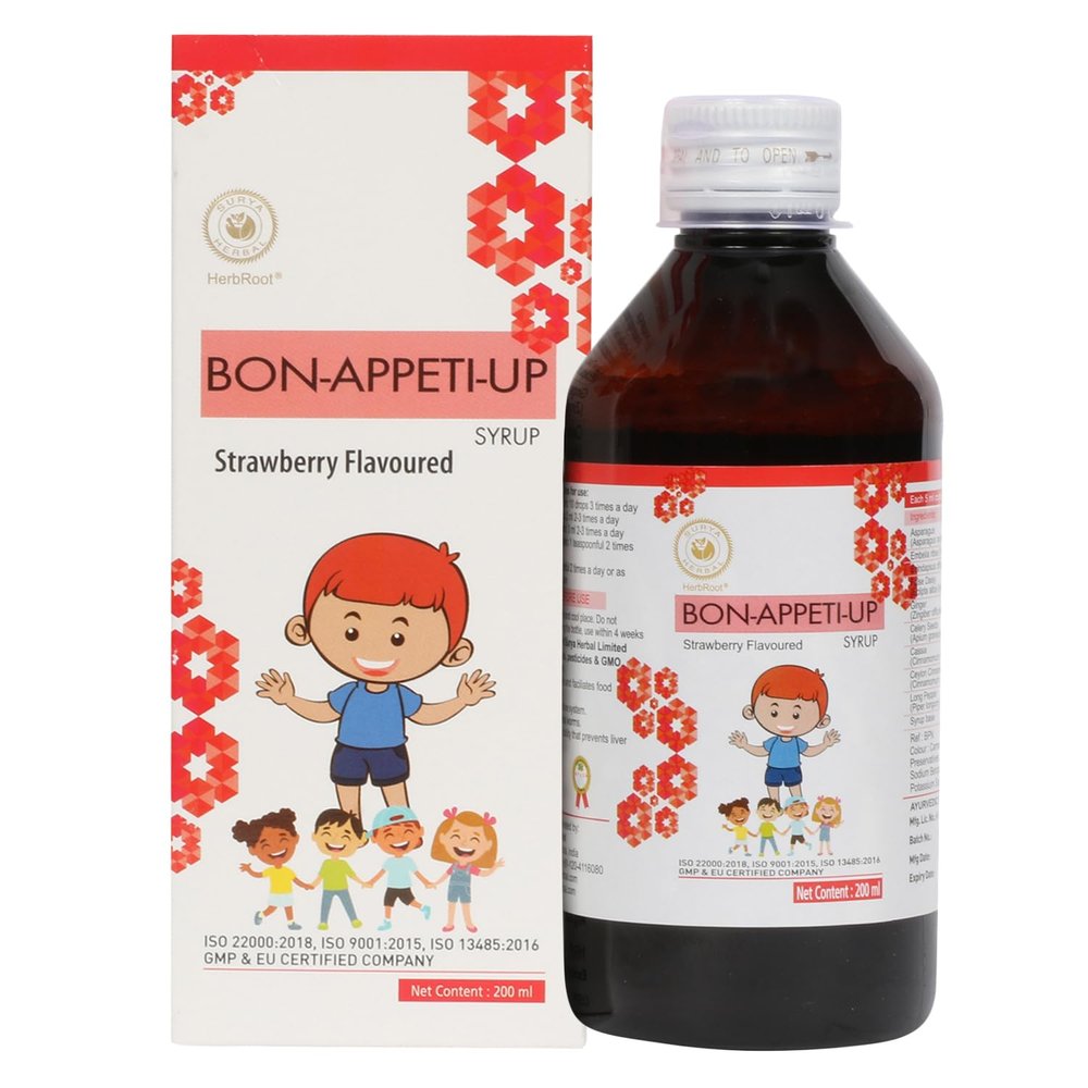 HerbRoot Surya Herbal Bon-Appeti-Up Syrup | Syrup Helps Boost Immunity |Digestive System Naturally |Appetite Relieves | Strawberry Flavoured 200ml (Pack of 1)