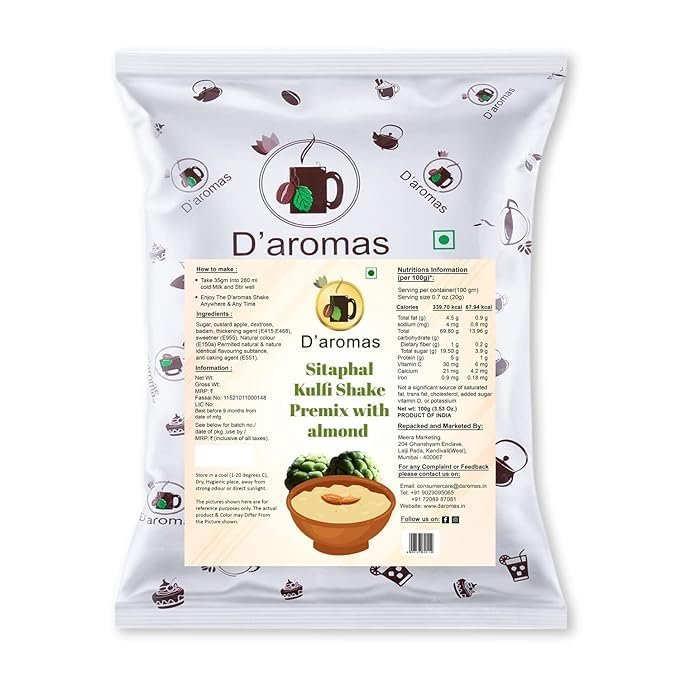 D'aromas Custard Apple, Sitaphal Basundi Milkshake Premix With Almond 4kg, 100% Vegetarian Instant Ready Mix Powder for Home, Restaurants, Cafe, Wedding, Parties (Each 500gm) (Pack Of 8)