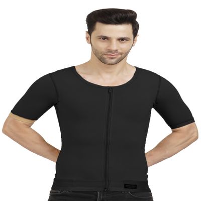 Dermapress Gynecomastia Compression garment with Short Sleeve| MICROPOLY FABRIC | Front Zip and Hook Closer| Tomboy Chest Binder| Chest, Abdomen & Back Support for Men| (Black, L)