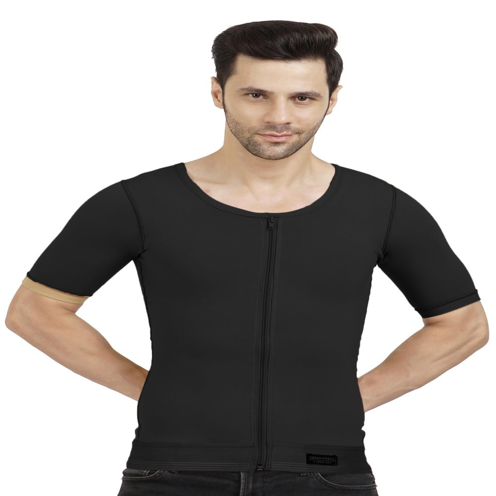 Dermapress Gynecomastia Compression garment with Short Sleeve| MICROPOLY FABRIC | Front Zip and Hook Closer| Tomboy Chest Binder| Chest, Abdomen & Back Support for Men| (Black, L)