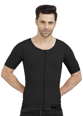 Dermapress Gynecomastia Compression garment with Short Sleeve| MICROPOLY FABRIC | Front Zip and Hook Closer| Tomboy Chest Binder| Chest, Abdomen & Back Support for Men| (Black, XL)