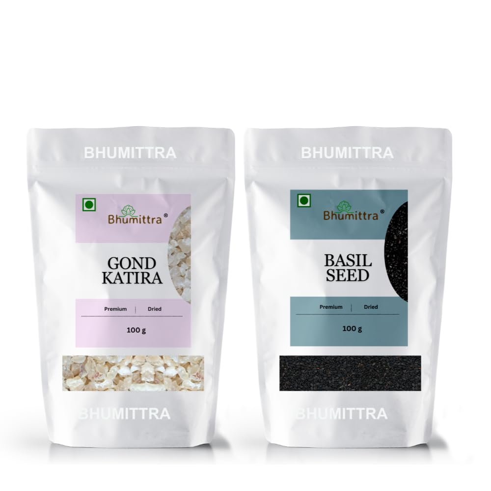 Bhumittra Premium Gond Katira 100 G and Basil Seeds 100 G | 100% Pure and Natural Edible Gum | Cooling Properties