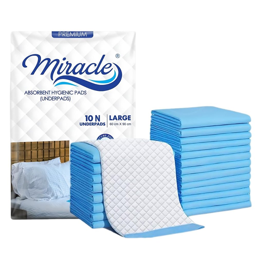 MIRACLE Disposable Underpads  Soft & Super Absorbent | 8-Hour Protection from Urine & Fecal Incontinence | Waterproof Bed & Surface Protector | 60x90 cm | Pack of 2 (20 Underpads)