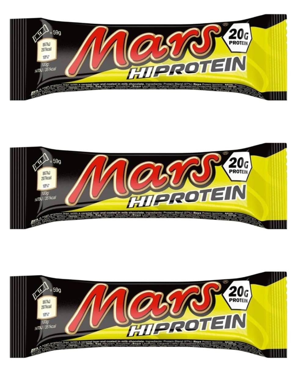 Mar's Hi Protein Bar - High Protein Energy Snack with Caramel, Nougat and Real Milk Chocolate - Contains 20g Protein, 59g (Pack of 3)