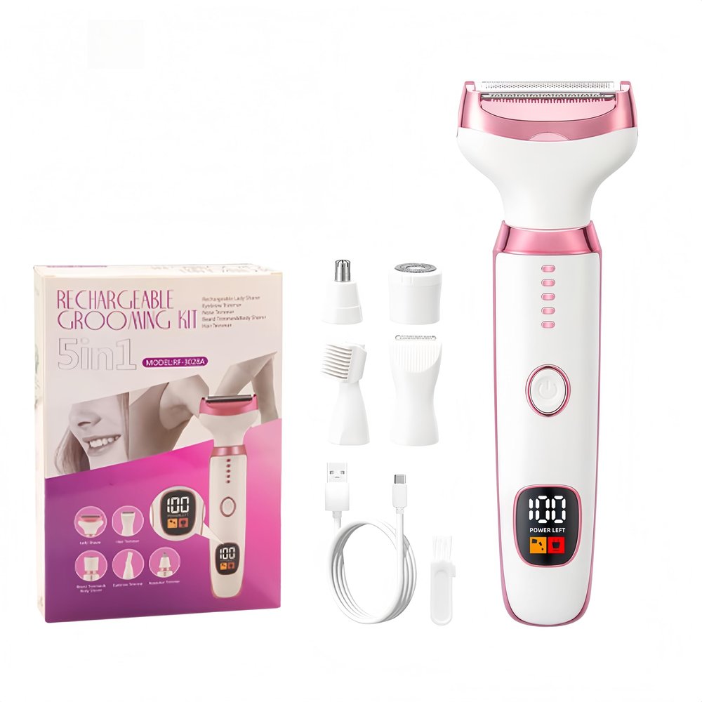 Electric Lady Shaver for Women, Wet & Dry 5-in-1 Bikini Trimmer and Facial Hair Remover for Women for Face, Nose, Eyebrows, Arms, Underarms, Legs & Bikini Line Painless Grooming Kit