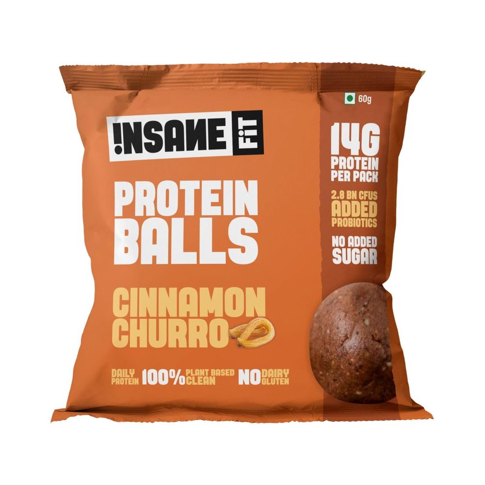Insane Fit - PROTEIN BALLS Cinnamon Churro (4 x 60G) | 14G Daily Protein for Fitness, Gym, Workout, Travel, Office | Sugarfree, All Natural, Vegan, Healthy Snack for Active Lifestyle