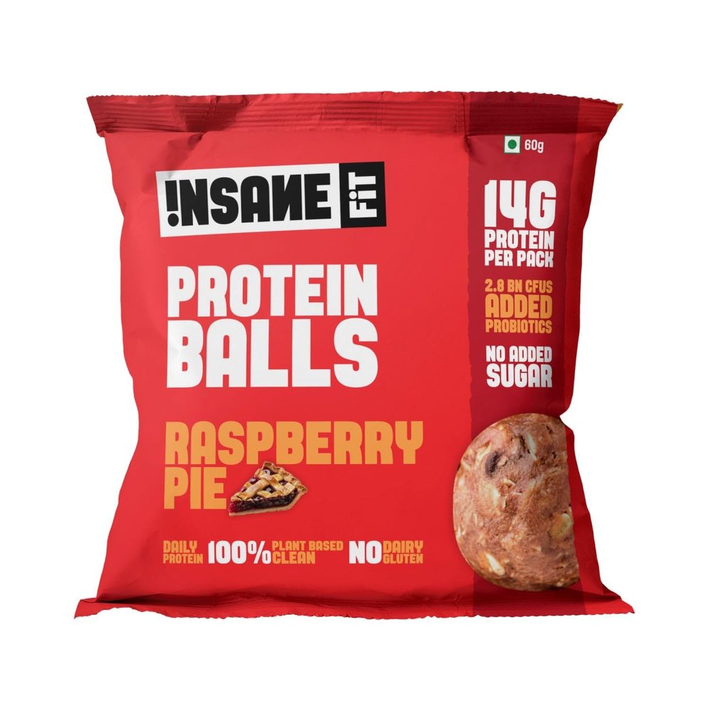 Insane Fit - PROTEIN BALLS Raspberry Pie (4 x 60G) | 14G Daily Protein for Fitness, Gym, Workout, Travel, Office | Sugarfree, All Natural, Vegan, Healthy Snack for Active Lifestyle
