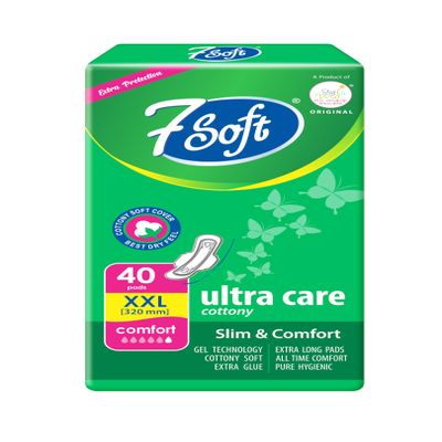 7 Soft Ultra Care XXL Cottony Comfort Sanitary Pads with Wings - 40 Count Pack, Extra Protection for Heavy Flow, Breathable and Soft Material, Ideal for All-Day Comfort, Green Packaging