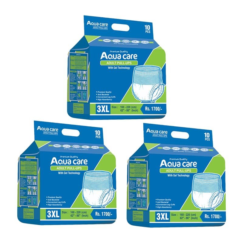 Aquacare Adult diapers pant model for ( men and Women Unisex ) New GEL TECHNOLOGY 12 Hours Absorption Protection_ with Wetness Indicator Odour Control (10 Diapers X 3 Packet ) (30 diapers) - ( Size 3XL) - (160 cm -220 cm) (62" - 86" Inch)