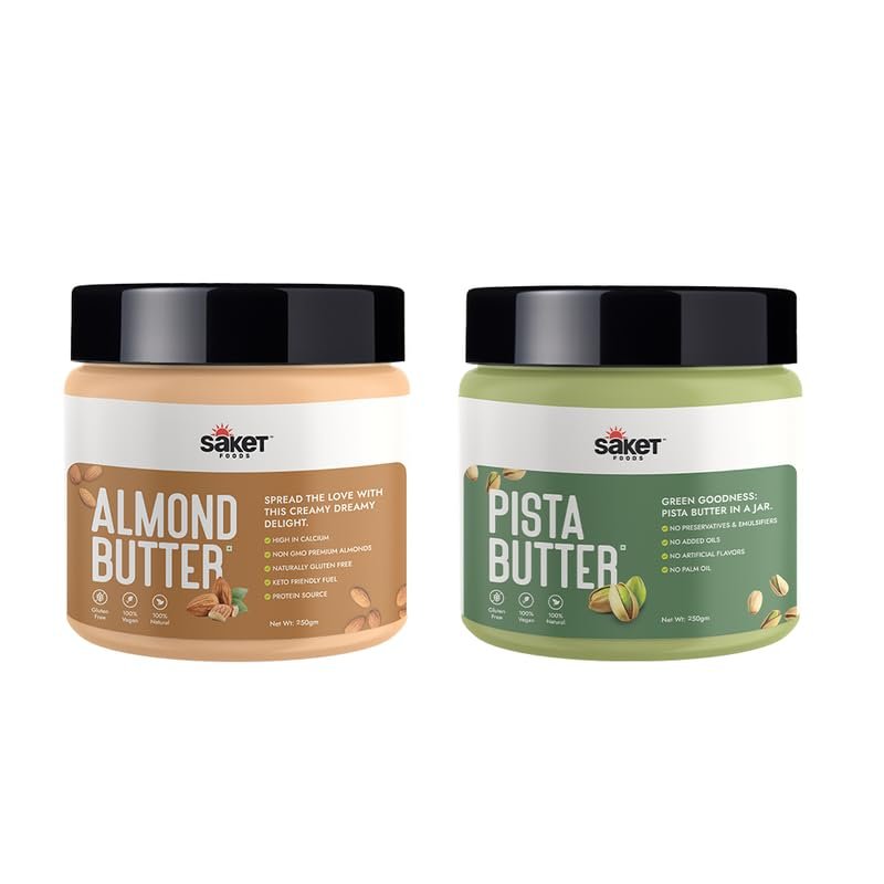 ALMOND BUTTER & PISTA BUTTER Combo Pack| Saket Foods All Natural Creamy Butter|Healthy, Unflavored, Unsweetened,Gluten Free| Rich Source of Protein, Ideal for Spreads,Smoothies,Toast| 250 GR Each