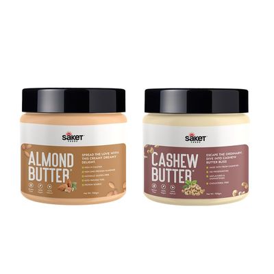 ALMOND BUTTER & CASHEW BUTTER Combo Pack| Saket Foods All Natural Creamy Butter|Healthy, Unflavored, Unsweetened,Gluten Free| Rich Source of Protein, Ideal for Spreads,Smoothies,Toast| 250 GR Each