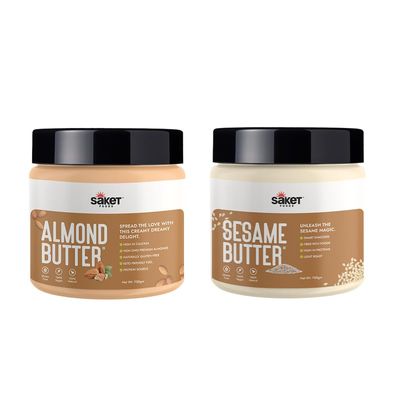 ALMOND BUTTER & SESAME SEED BUTTER Combo Pack| Saket Foods All Natural Creamy Butter|Healthy, Unflavored, Unsweetened,Gluten Free|Rich Source of Protein, Ideal for Spreads,Smoothies,Toast|250 GR Each
