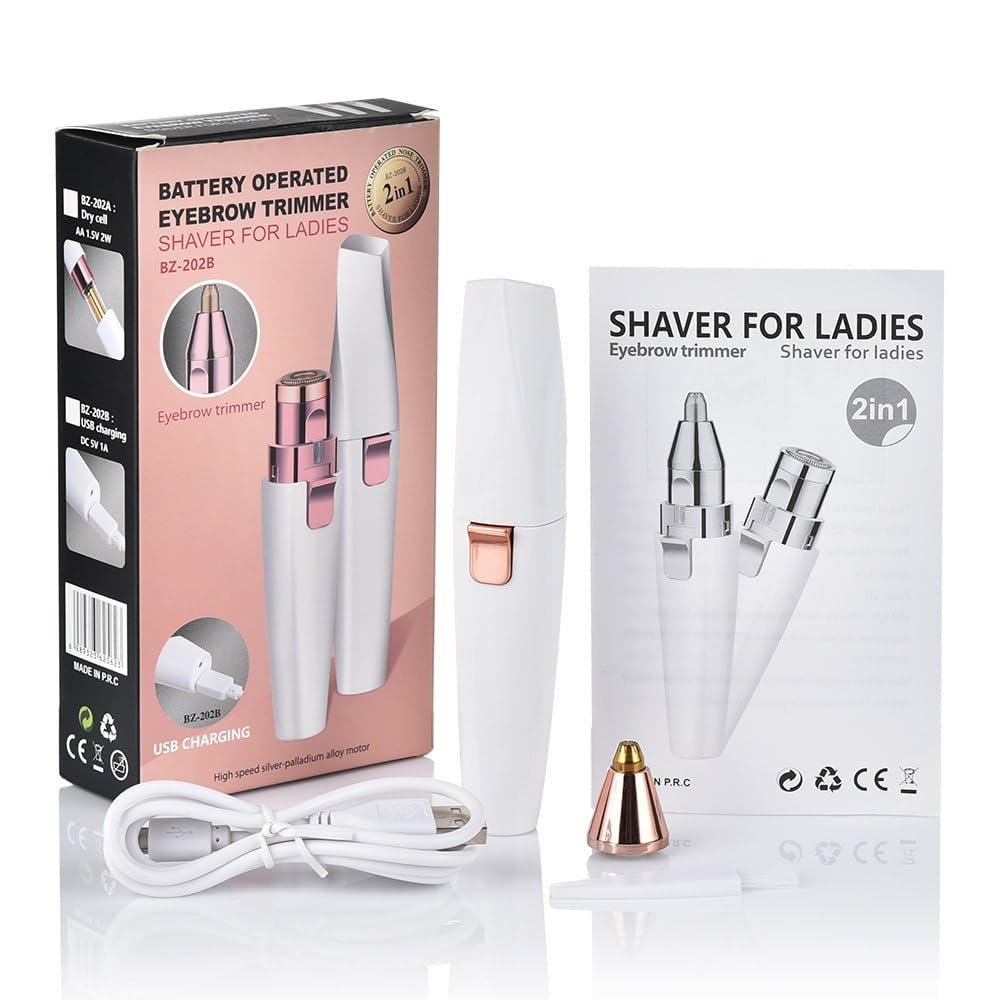 2-in-1 Rechargeable Electric Hair Remover and Eyebrow Trimmer, 18K Gold Plated, Built-in Light, Rose Gold (white 2 in 1)