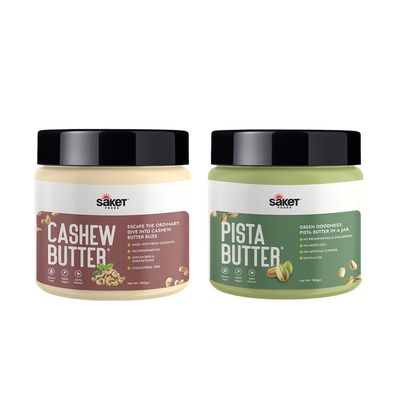 CASHEW BUTTER & PISTA BUTTER Combo Pack| Saket Foods All Natural Creamy Butter|Healthy, Unflavored, Unsweetened,Gluten Free|Rich Source of Protein, Ideal for Spreads,Smoothies,Toast|250 GR Each