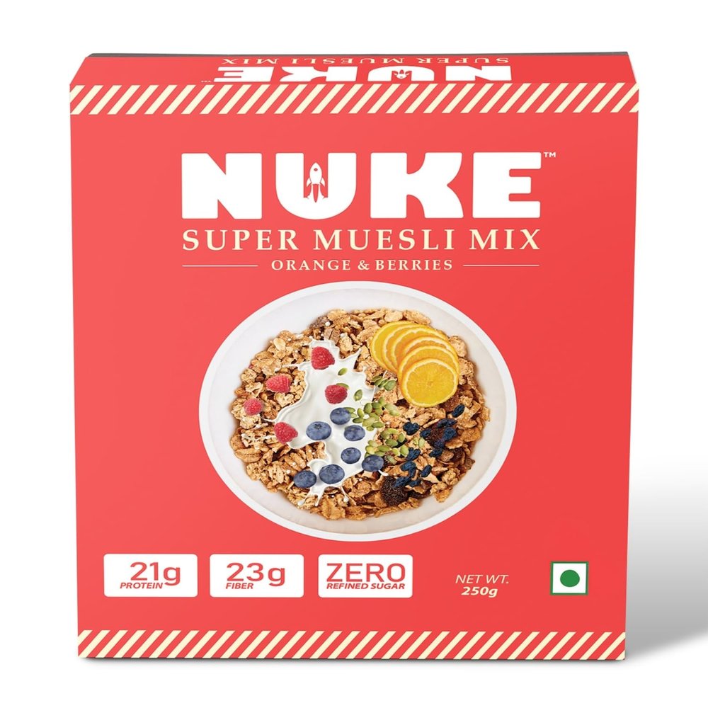NUKE Super Orange & Berries Muesli Mix | 21g Protein | 23g Fiber | Zero Refined Sugar (250gm x 2)