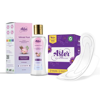 Astercare Sanitary Napkin & Intimate Wash Combo- XL+ Ultra-Absorbent, Rash-Free Pads with Biodegradable Disposable Bags-pH-Balanced, Soap-Free Intimate Wash for Daily Hygiene- Long-Lasting Freshness.