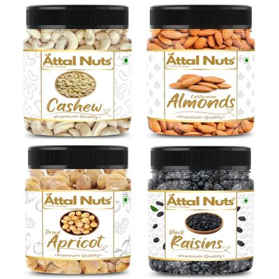 Attal Nuts Dried Apricots (Khumani), Black Raisins (Black Kismish), Cashew W320 (Kaju), Californian Almonds (Badam), 400g A Natural and Flavorful Dry Fruit Mix
