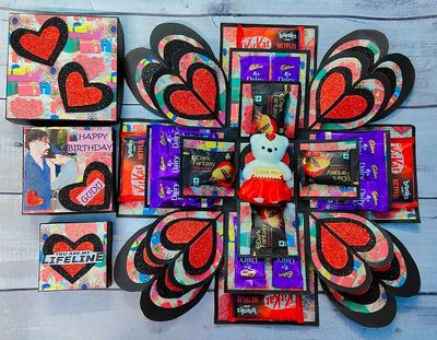 Cakeology N More Four Layered Special Shaped Explosion Box with Mini Teddy for Birthday Anniversary Valentine Occasional Return and Wedding Gift Box with Delicious Chocolates