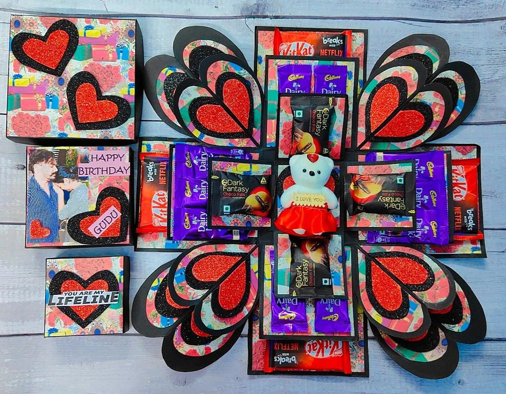 Cakeology N More Four Layered Special Shaped Explosion Box with Mini Teddy for Birthday Anniversary Valentine Occasional Return and Wedding Gift Box with Delicious Chocolates