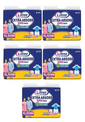 COMPATIBLE WITH Lifree SUPER EXTRA Absorb Adult Diaper Pants For Unisex Packs Pant Style For Unisex - XL10 Set Of 5 Packs(10 Pcs Each) For Waist Size 35-49 Inches